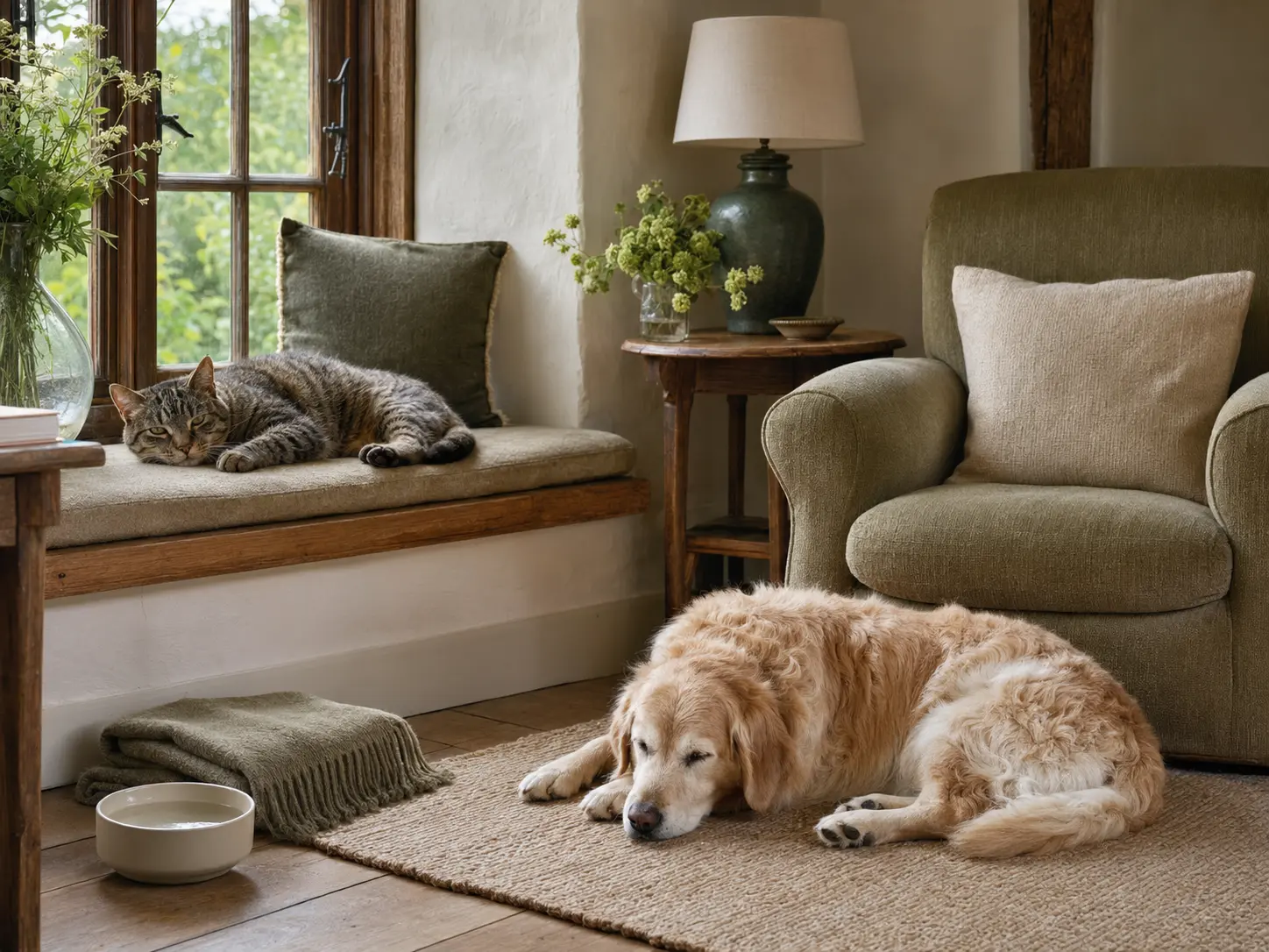 A relaxed cat and senior dog receiving attentive care in their own home