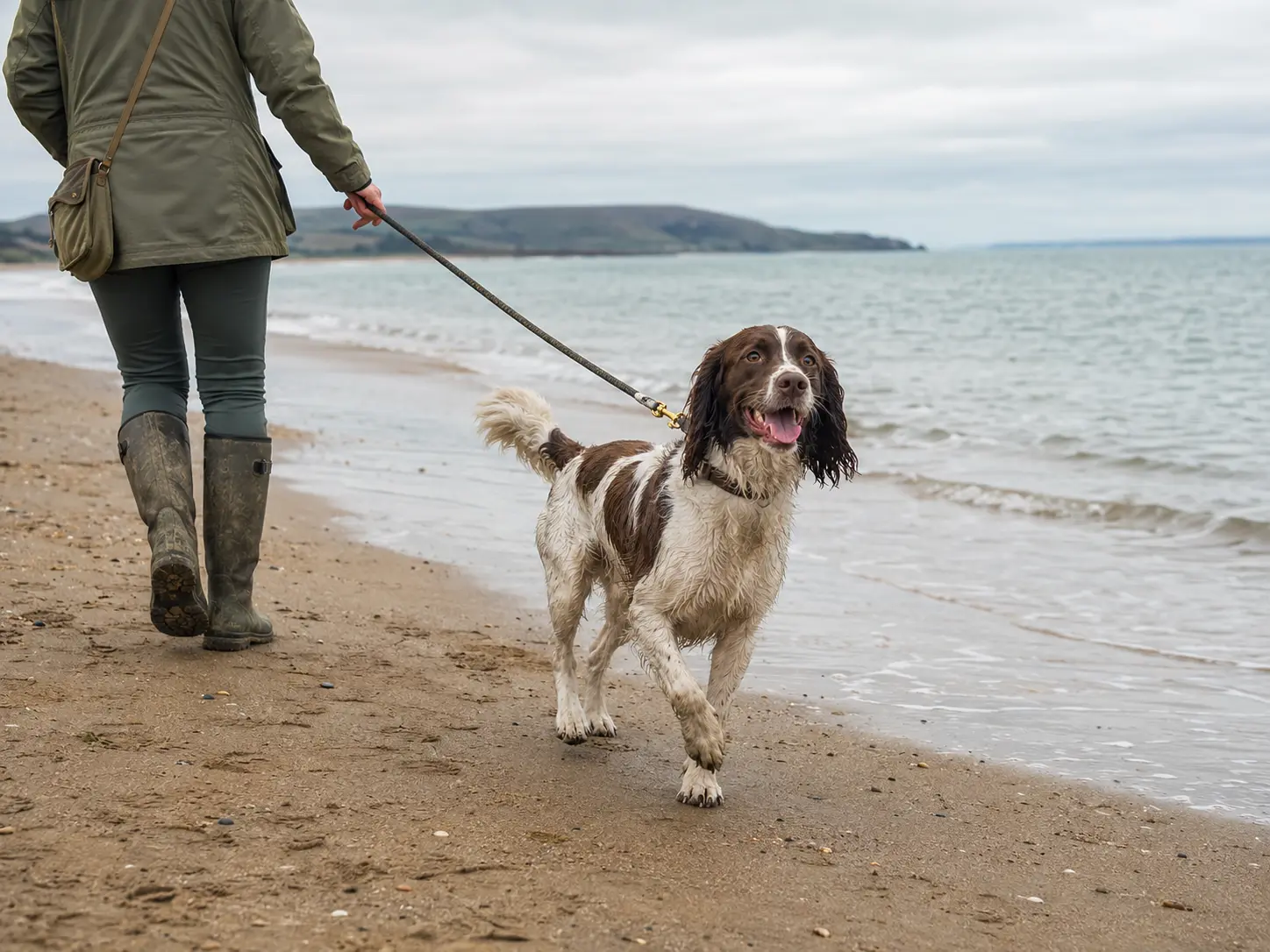 A happy dog enjoying a special day out on a quiet British beach