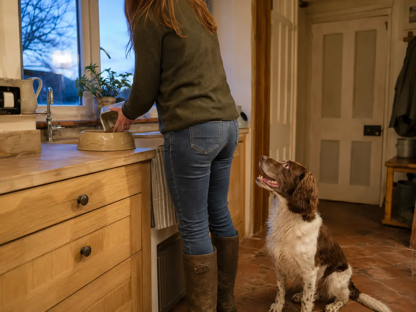 A pet carer preparing a dog’s meal during an early-morning home visit